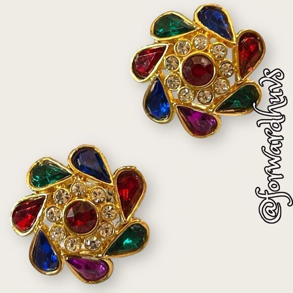 Vintage Clip On Multi-Colored Rhinestone Earrings - Picture 1 of 12
